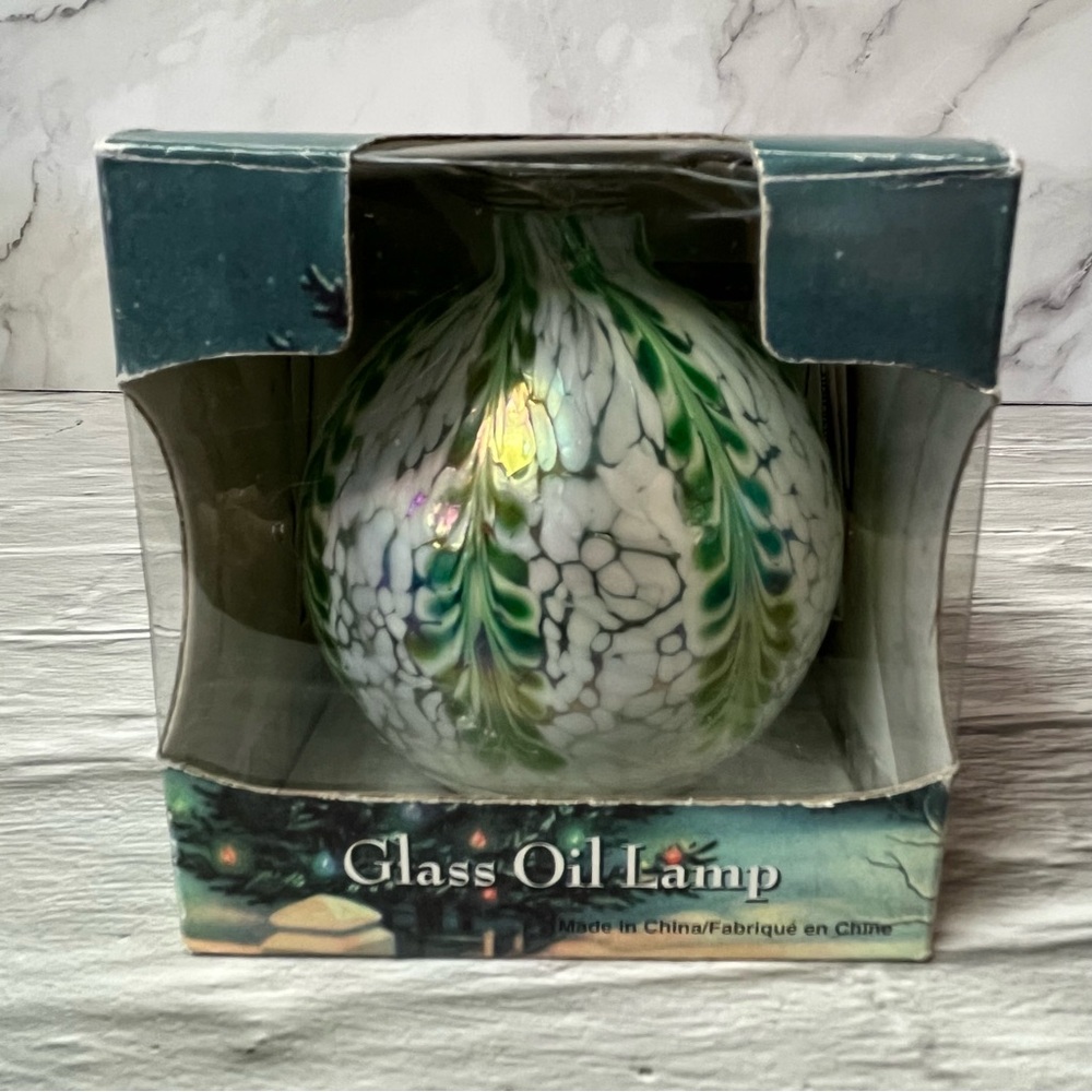NIB Traditions Hand Blown Glass Oil Lamp With Green & White Marble Design